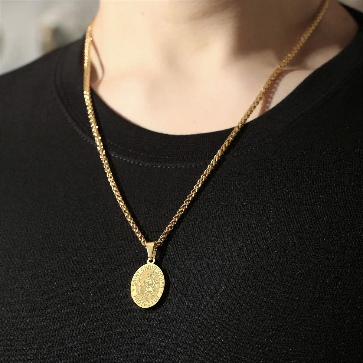 Oval Saint Christopher Engraved Medal Wheat Chain Necklace: Timeless Emblem of Gentle Heavenly Guardianship