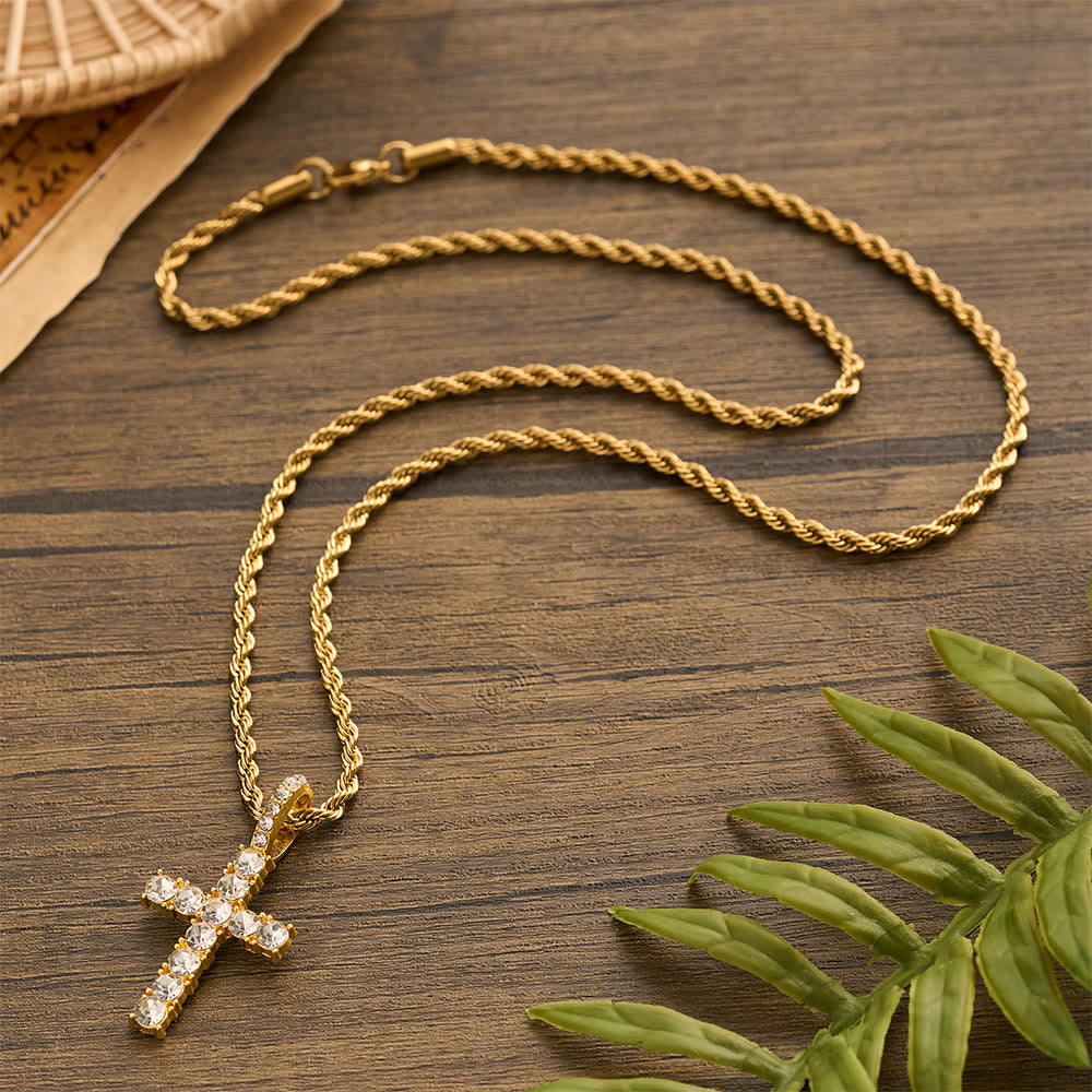 Smooth Twist Chain Full Stone Encrusted Cross Necklace: Timeless Emblem of Gentle Heavenly Guardianship