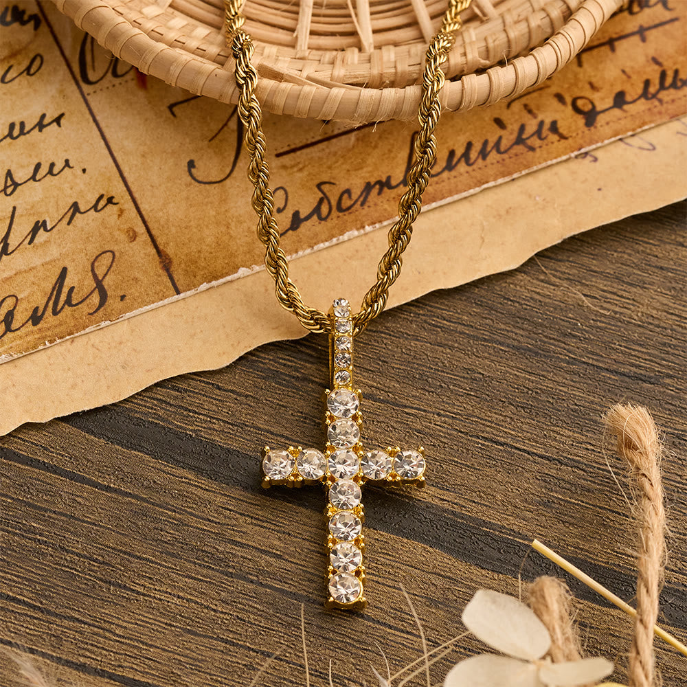Smooth Twist Chain Full Stone Encrusted Cross Necklace: Timeless Emblem of Gentle Heavenly Guardianship
