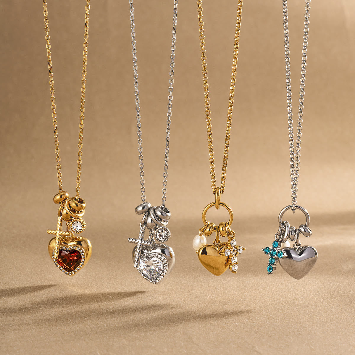 Halo Stone Heart Pendant Cross Multi-Charm Cable Chain Necklace: Timeless Emblem of Gentle Heavenly Guardianship