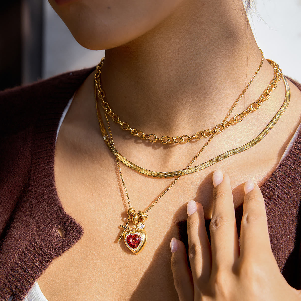 Halo Stone Heart Pendant Cross Multi-Charm Cable Chain Necklace: Timeless Emblem of Gentle Heavenly Guardianship
