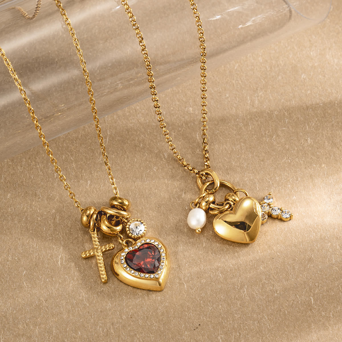 Halo Stone Heart Pendant Cross Multi-Charm Cable Chain Necklace: Timeless Emblem of Gentle Heavenly Guardianship
