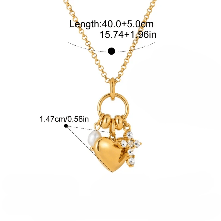 Halo Stone Heart Pendant Cross Multi-Charm Cable Chain Necklace: Timeless Emblem of Gentle Heavenly Guardianship