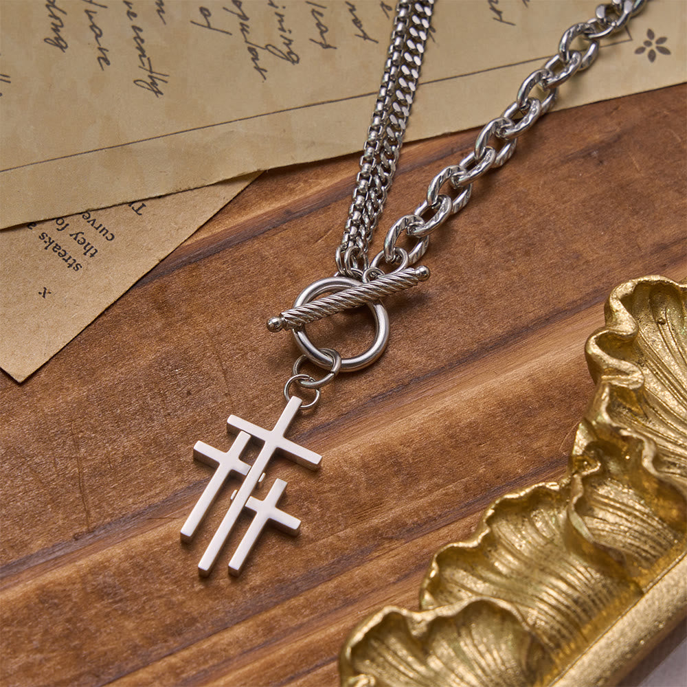 Triple Overlapping Cross Toggle Clasp Dual Textured Chain Necklace: Timeless Emblem of Gentle Heavenly Guardianship
