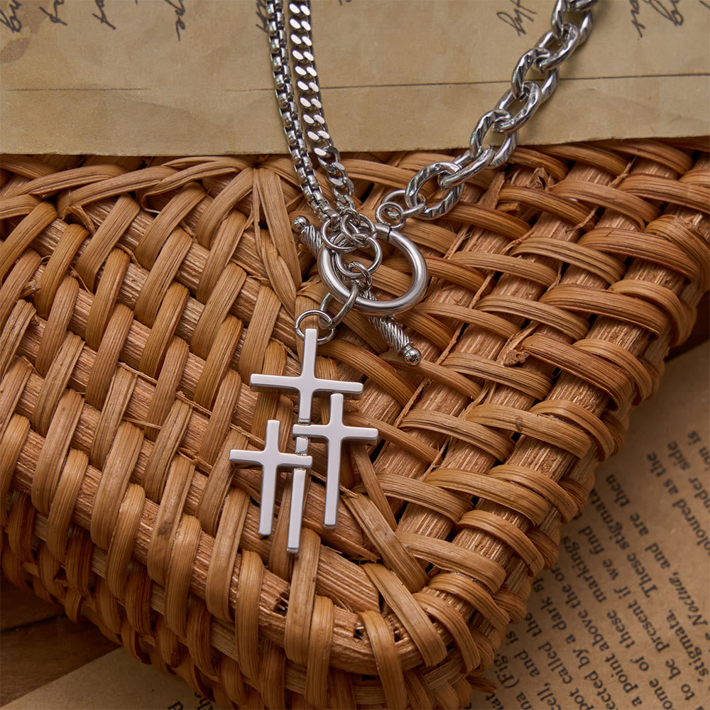 Triple Overlapping Cross Toggle Clasp Dual Textured Chain Necklace: Timeless Emblem of Gentle Heavenly Guardianship