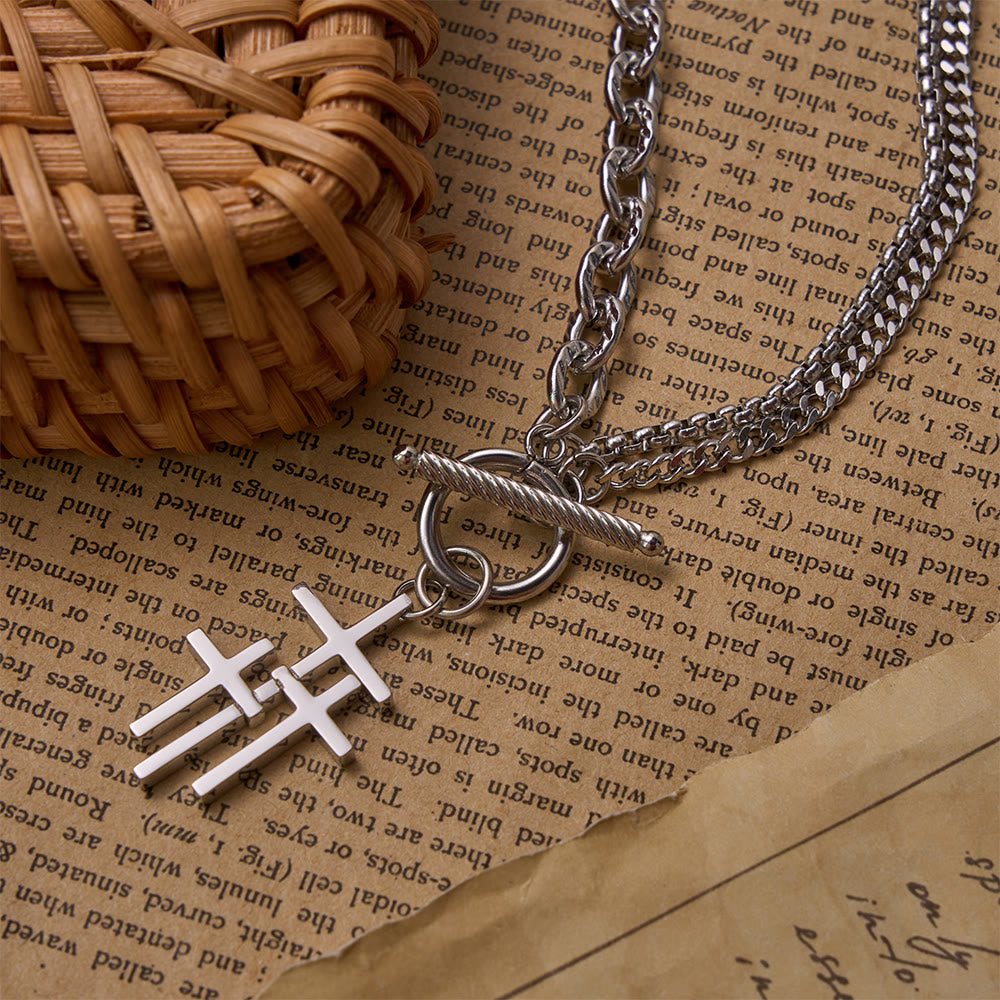 Triple Overlapping Cross Toggle Clasp Dual Textured Chain Necklace: Timeless Emblem of Gentle Heavenly Guardianship
