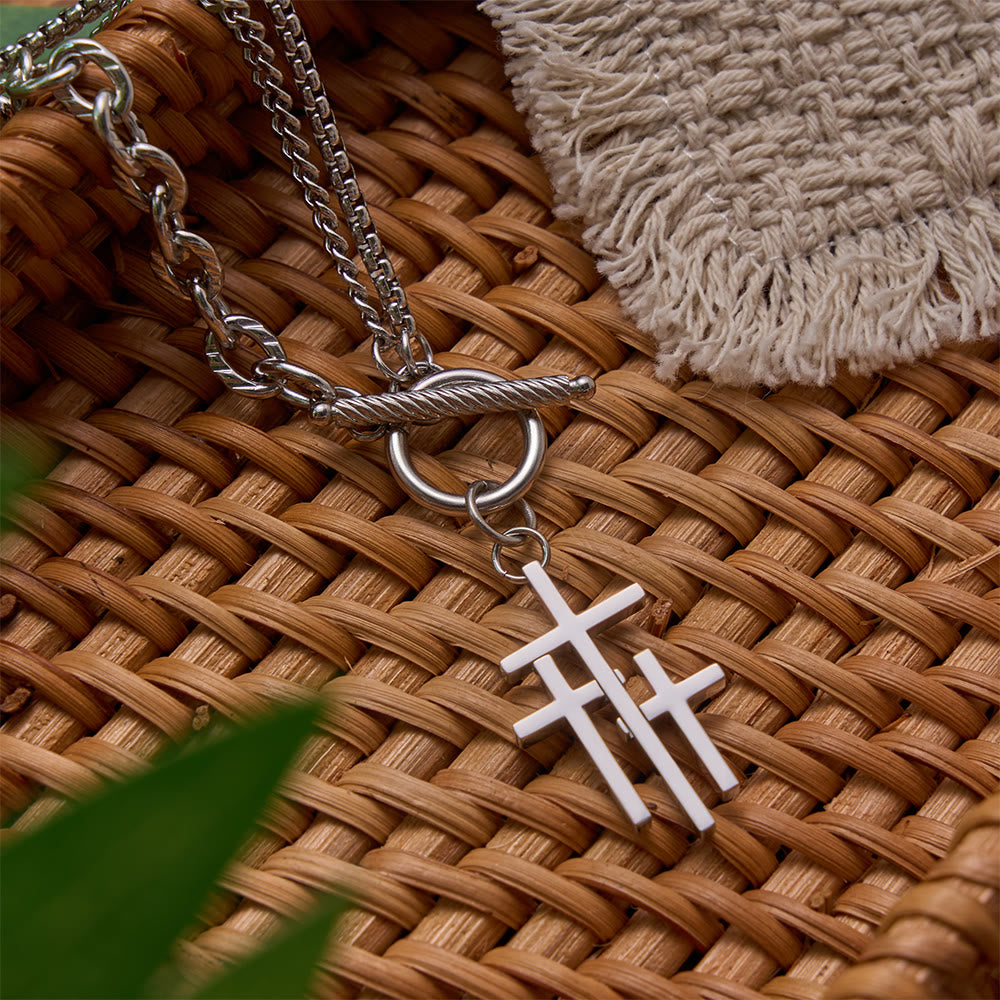 Triple Overlapping Cross Toggle Clasp Dual Textured Chain Necklace: Timeless Emblem of Gentle Heavenly Guardianship