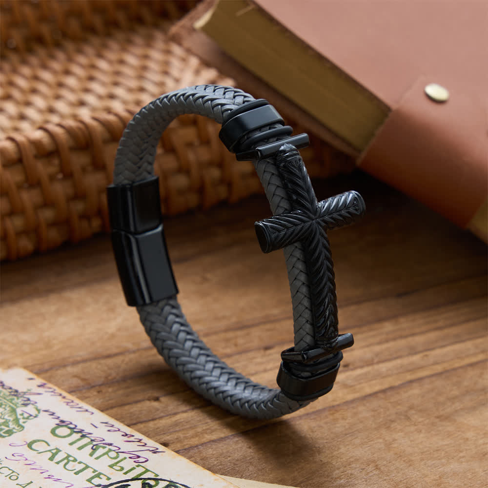 10-Color Braided Leather Cross Bracelet with Embossed Details: A Symbol of Rugged Faith