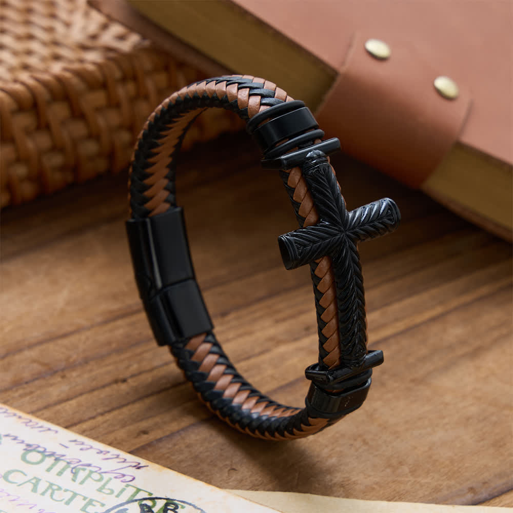 10-Color Braided Leather Cross Bracelet with Embossed Details: A Symbol of Rugged Faith