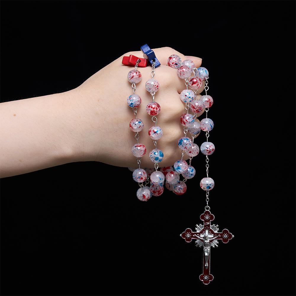 Speckled Bead Patriotic Star Accent St.Michael Shield Medallion Enamel Star Crucifix Rosary