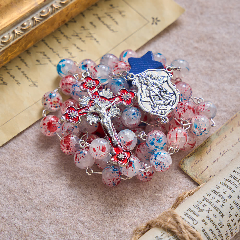 Speckled Bead Patriotic Star Accent St.Michael Shield Medallion Enamel Star Crucifix Rosary