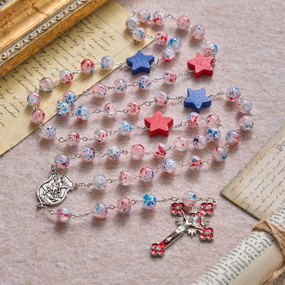 Speckled Bead Patriotic Star Accent St.Michael Shield Medallion Enamel Star Crucifix Rosary