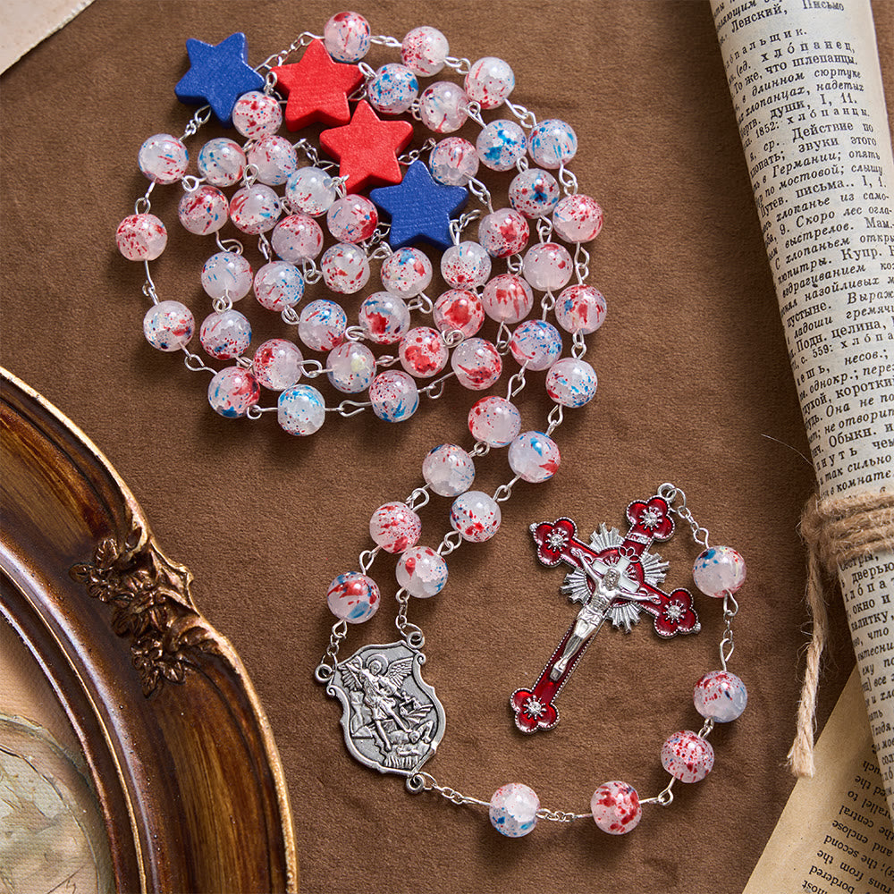 Speckled Bead Patriotic Star Accent St.Michael Shield Medallion Enamel Star Crucifix Rosary