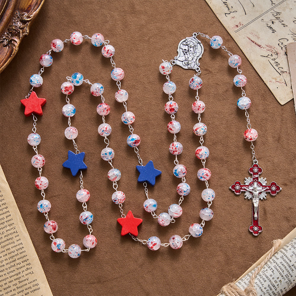Speckled Bead Patriotic Star Accent St.Michael Shield Medallion Enamel Star Crucifix Rosary