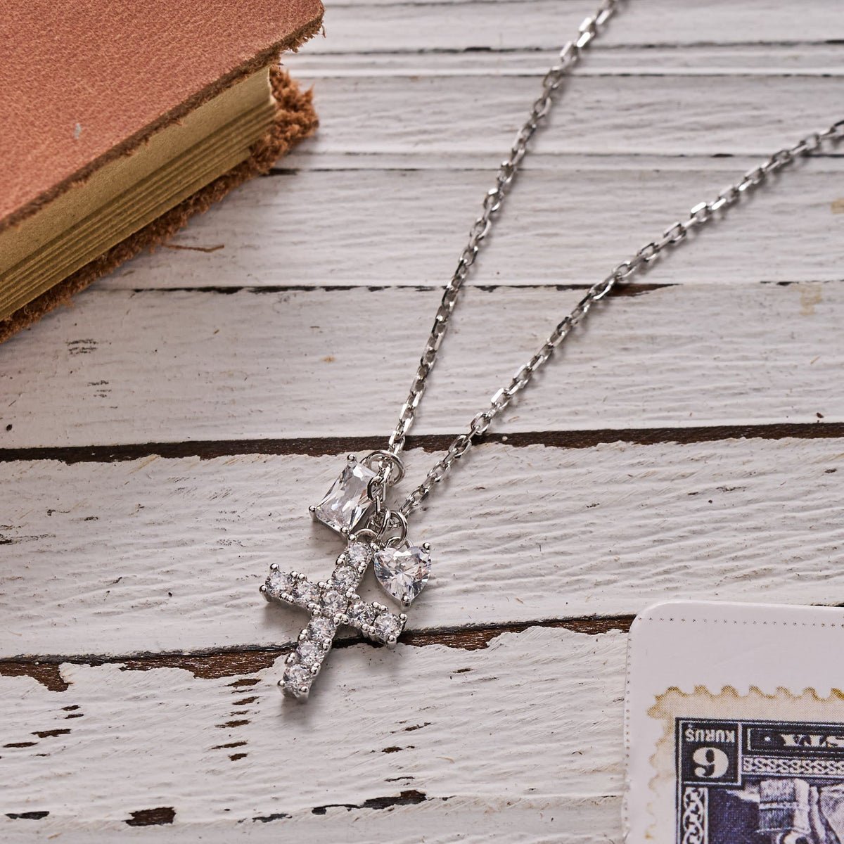 Round Stone Cross Heart & Rectangle Accent Cable Chain Sterling Silver Necklace: Timeless Emblem of Gentle Heavenly Guardianship