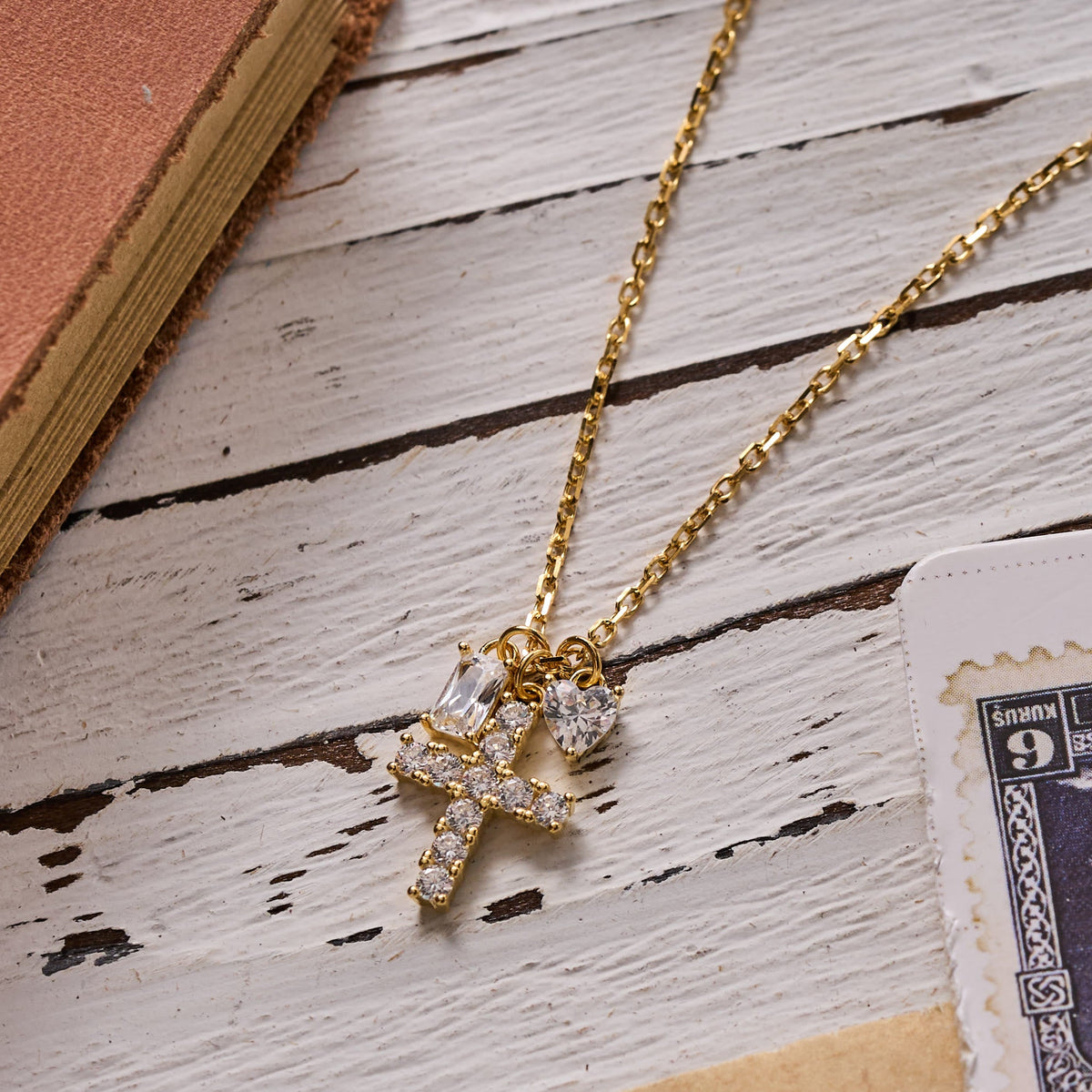 Round Stone Cross Heart & Rectangle Accent Cable Chain Sterling Silver Necklace: Timeless Emblem of Gentle Heavenly Guardianship