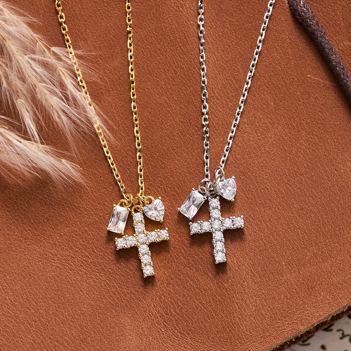 Round Stone Cross Heart & Rectangle Accent Cable Chain Sterling Silver Necklace: Timeless Emblem of Gentle Heavenly Guardianship