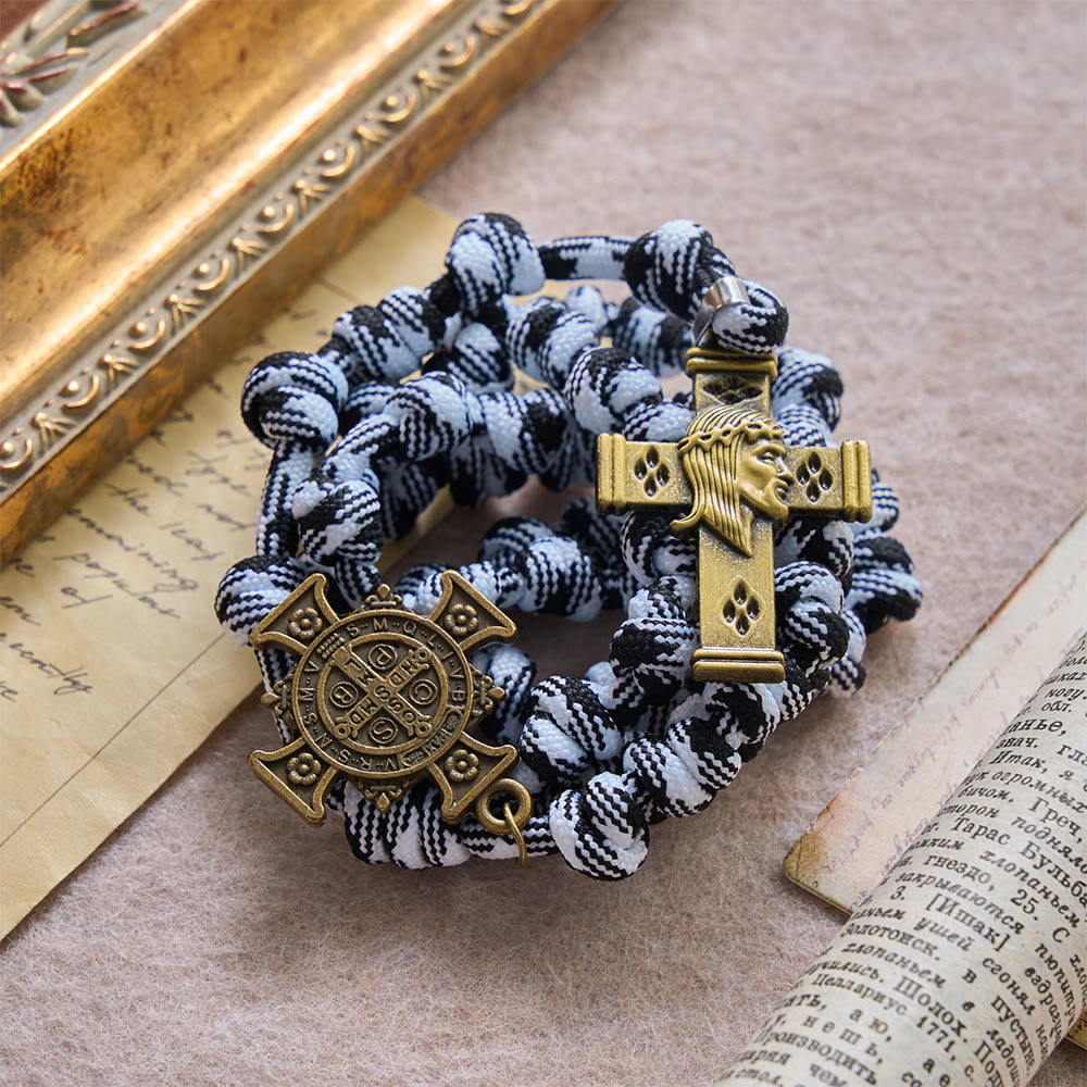 Black & White-Tone Twisted Paracord Knotted Rosary With St.Benedict Plaque & Jesus Cross