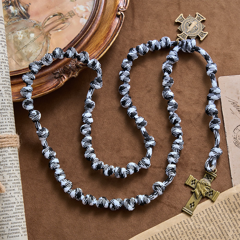 Black & White-Tone Twisted Paracord Knotted Rosary With St.Benedict Plaque & Jesus Cross