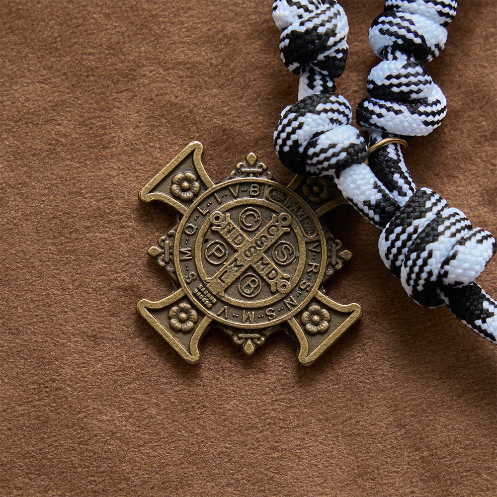 Black & White-Tone Twisted Paracord Knotted Rosary With St.Benedict Plaque & Jesus Cross