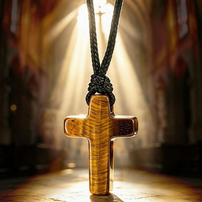 Tiger Eye Cross Braided Adjustable Cord Necklace: Timeless Emblem of Gentle Heavenly Guardianship