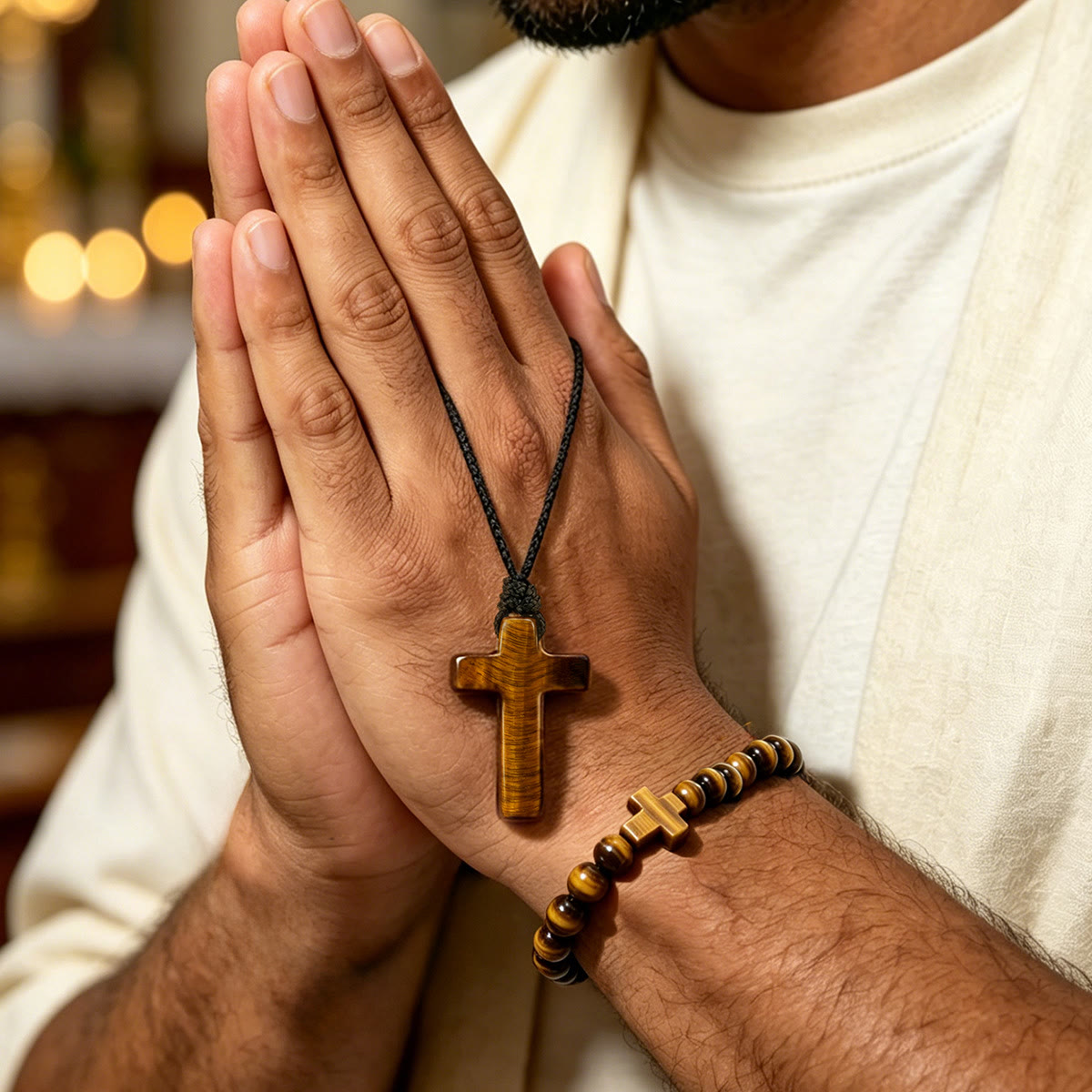 Tiger Eye Cross Braided Adjustable Cord Necklace: Timeless Emblem of Gentle Heavenly Guardianship