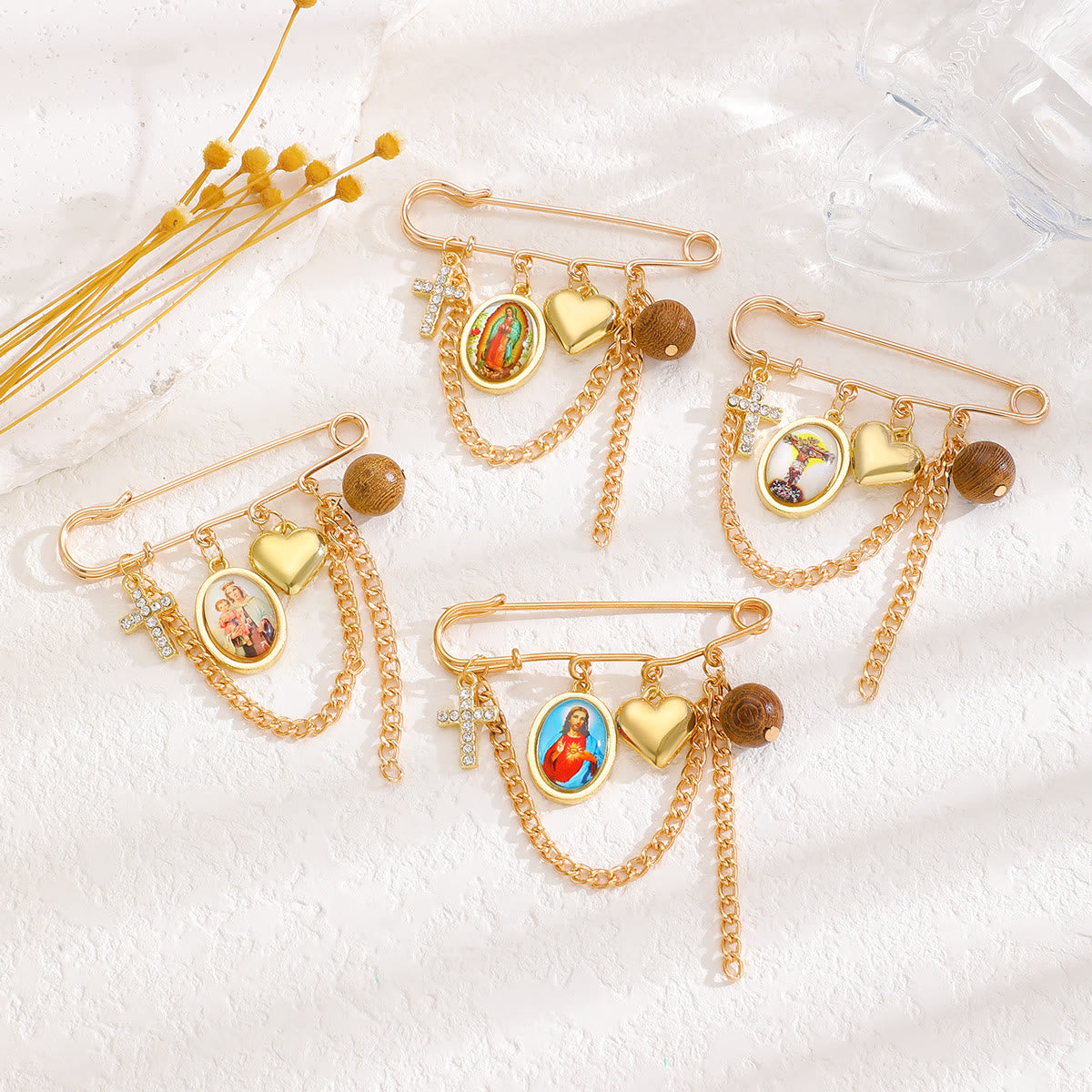 Multi-Dangle Sacred Portrait Safety Pin Convertible Brooch Necklace: Timeless Emblem of Gentle Heavenly Guardianship