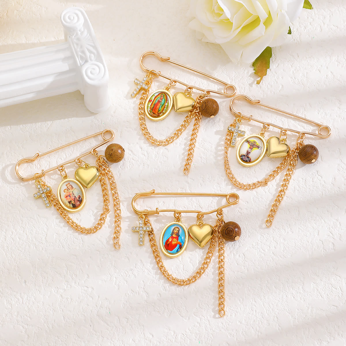 Multi-Dangle Sacred Portrait Safety Pin Convertible Brooch Necklace: Timeless Emblem of Gentle Heavenly Guardianship