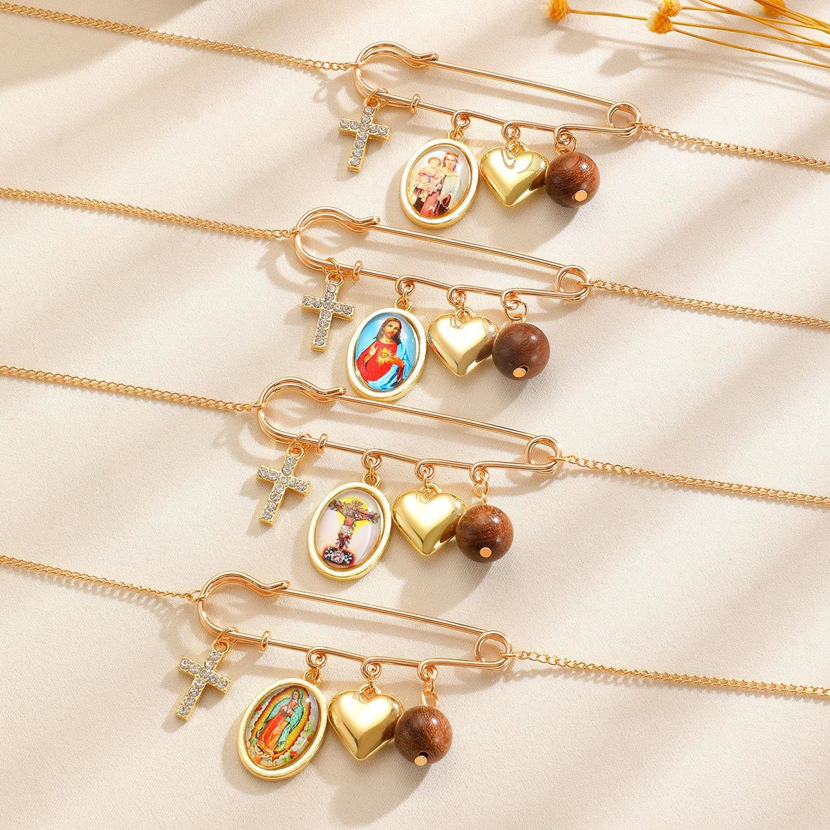 Multi-Dangle Sacred Portrait Safety Pin Convertible Brooch Necklace: Timeless Emblem of Gentle Heavenly Guardianship