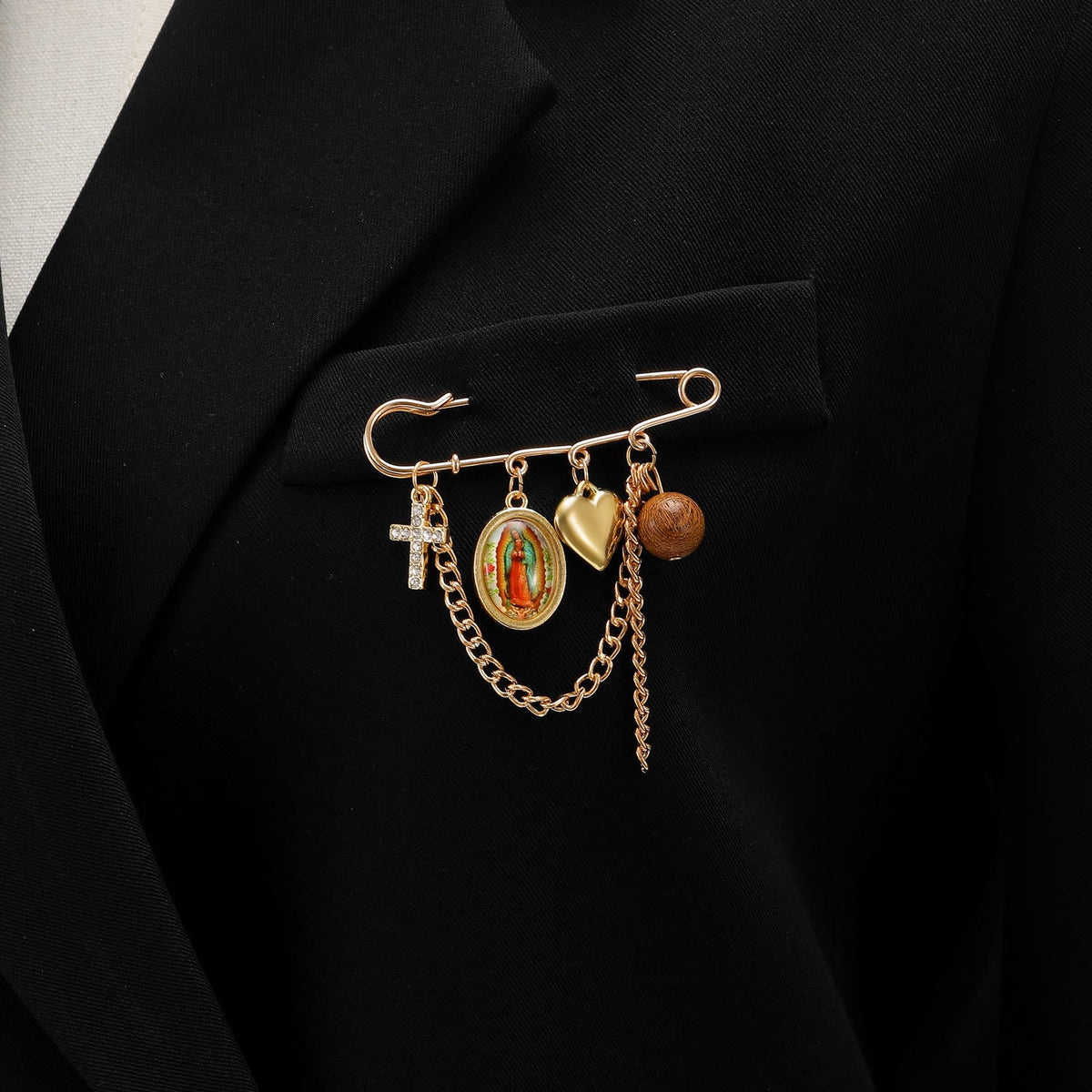 Multi-Dangle Sacred Portrait Safety Pin Convertible Brooch Necklace: Timeless Emblem of Gentle Heavenly Guardianship