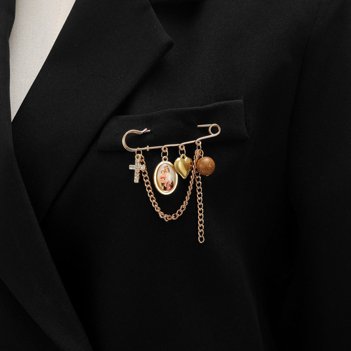 Multi-Dangle Sacred Portrait Safety Pin Convertible Brooch Necklace: Timeless Emblem of Gentle Heavenly Guardianship