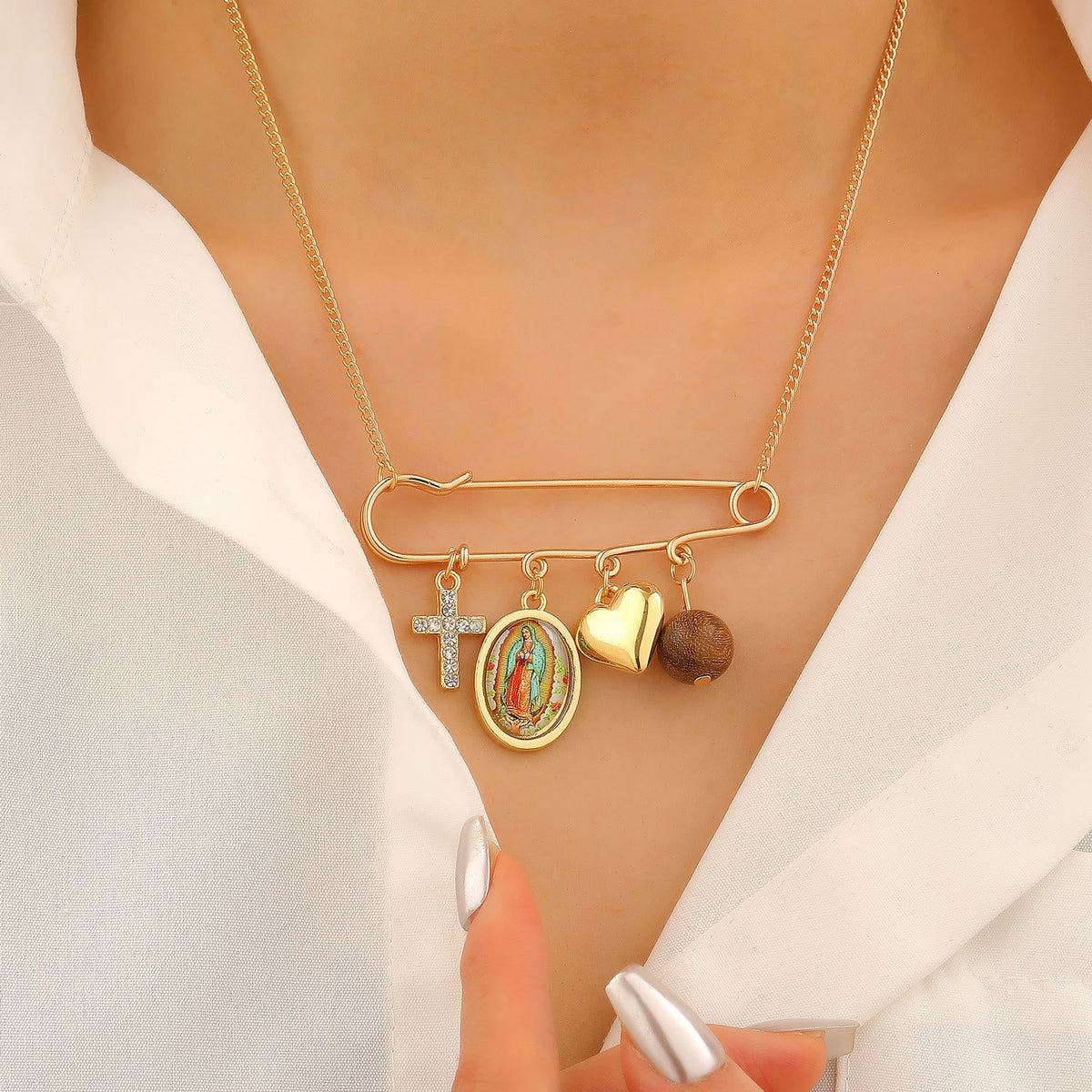 Multi-Dangle Sacred Portrait Safety Pin Convertible Brooch Necklace: Timeless Emblem of Gentle Heavenly Guardianship