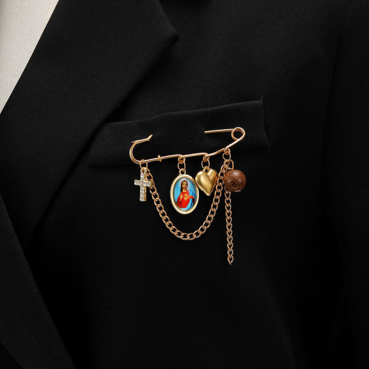 Multi-Dangle Sacred Portrait Safety Pin Convertible Brooch Necklace: Timeless Emblem of Gentle Heavenly Guardianship