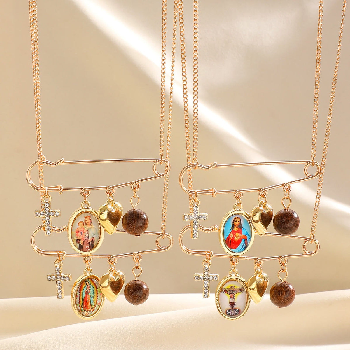 Multi-Dangle Sacred Portrait Safety Pin Convertible Brooch Necklace: Timeless Emblem of Gentle Heavenly Guardianship