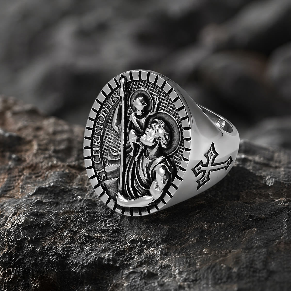 St. Christopher Round Ridged Border Signet Ring: Timeless Emblem of Unshakable Sacred Faith