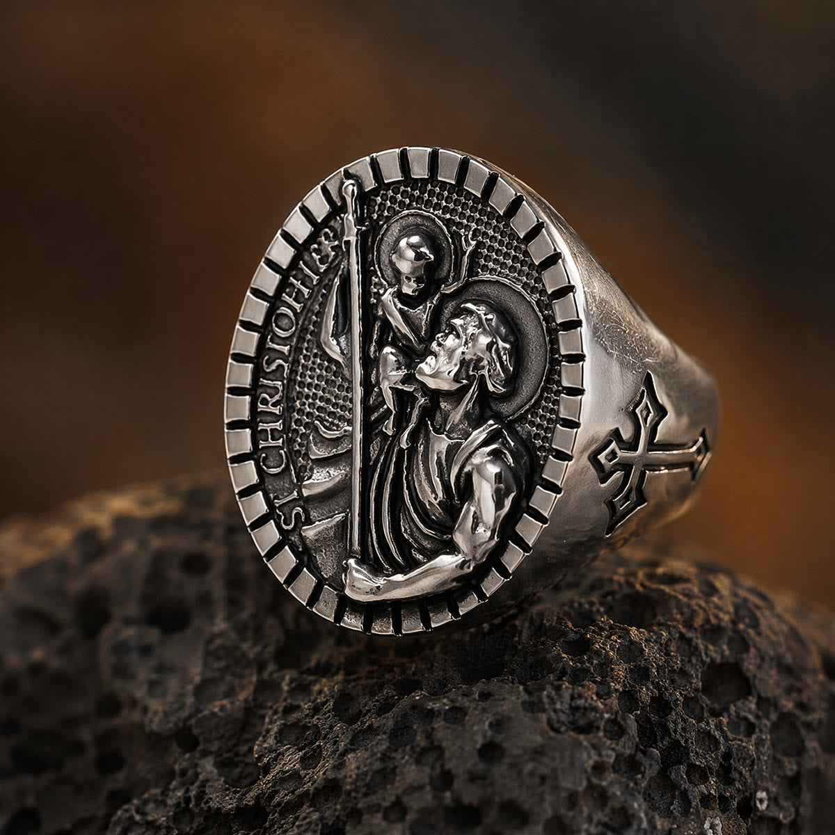 St. Christopher Round Ridged Border Signet Ring: Timeless Emblem of Unshakable Sacred Faith