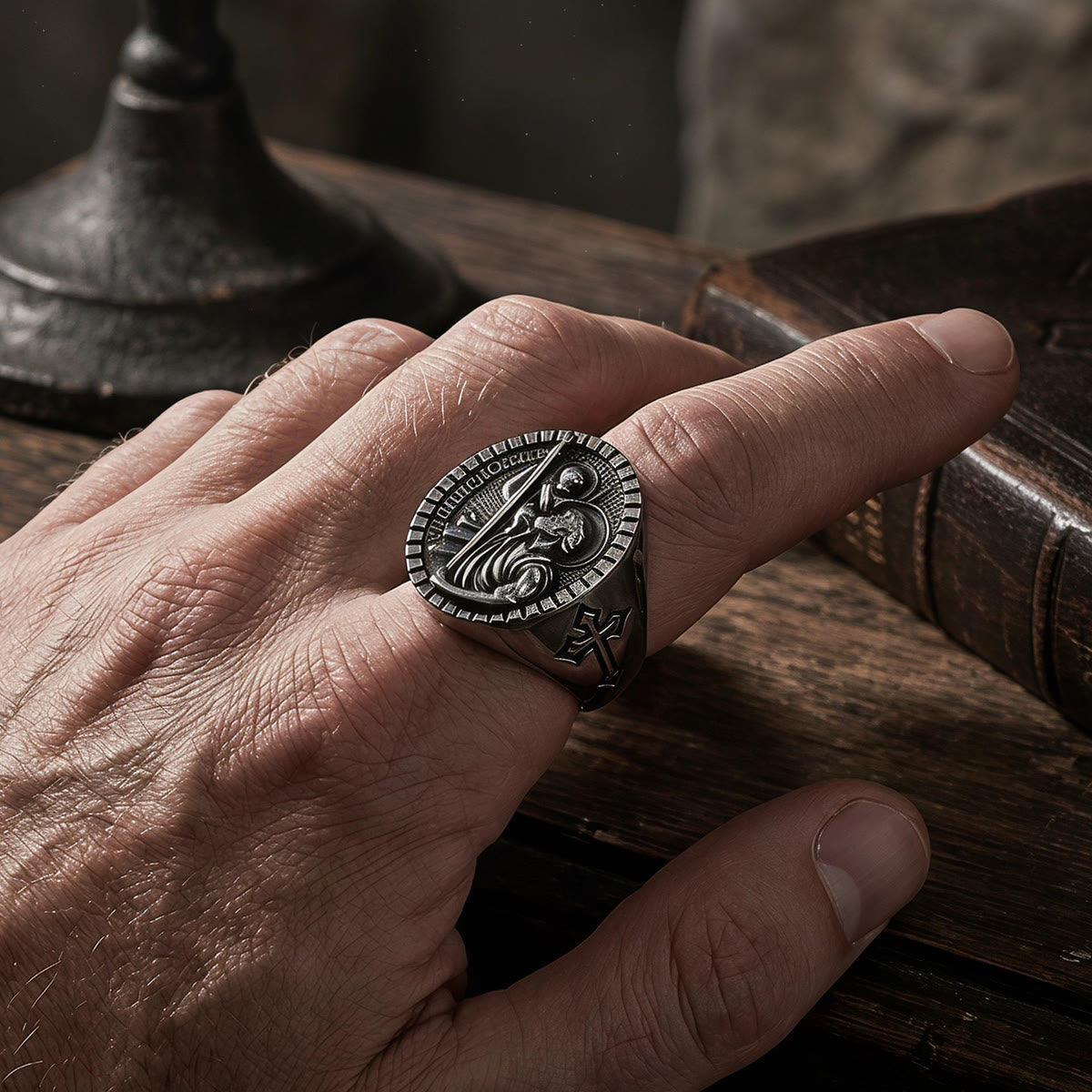 St. Christopher Round Ridged Border Signet Ring: Timeless Emblem of Unshakable Sacred Faith