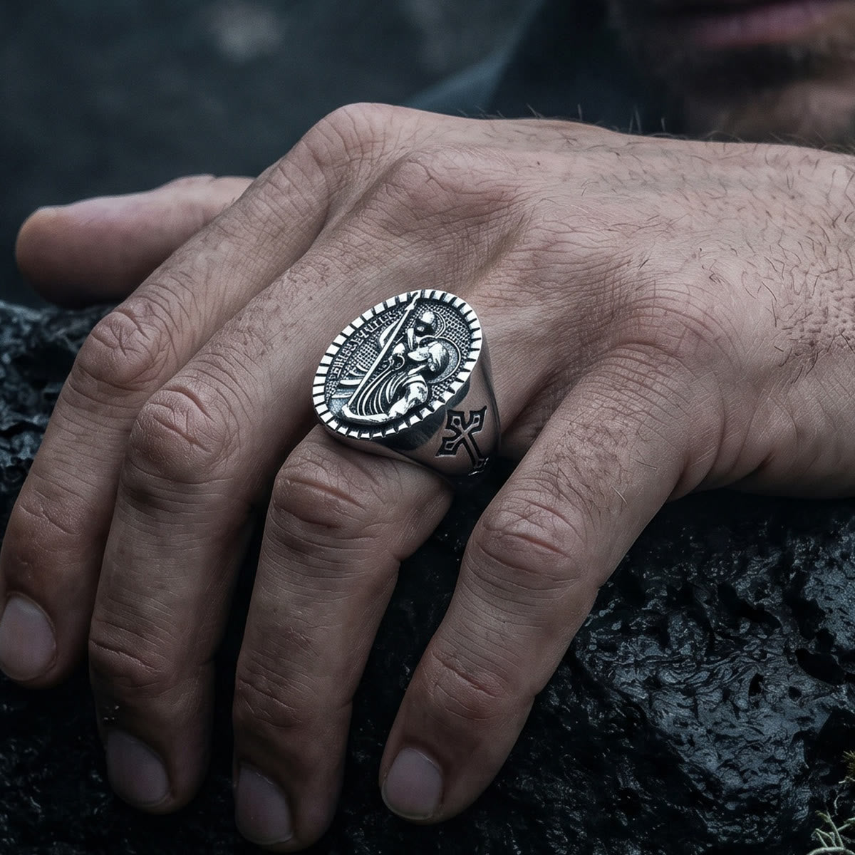 St. Christopher Round Ridged Border Signet Ring: Timeless Emblem of Unshakable Sacred Faith