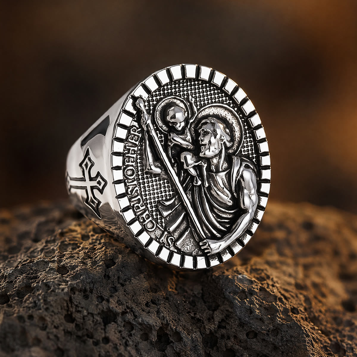 St. Christopher Round Ridged Border Signet Ring: Timeless Emblem of Unshakable Sacred Faith