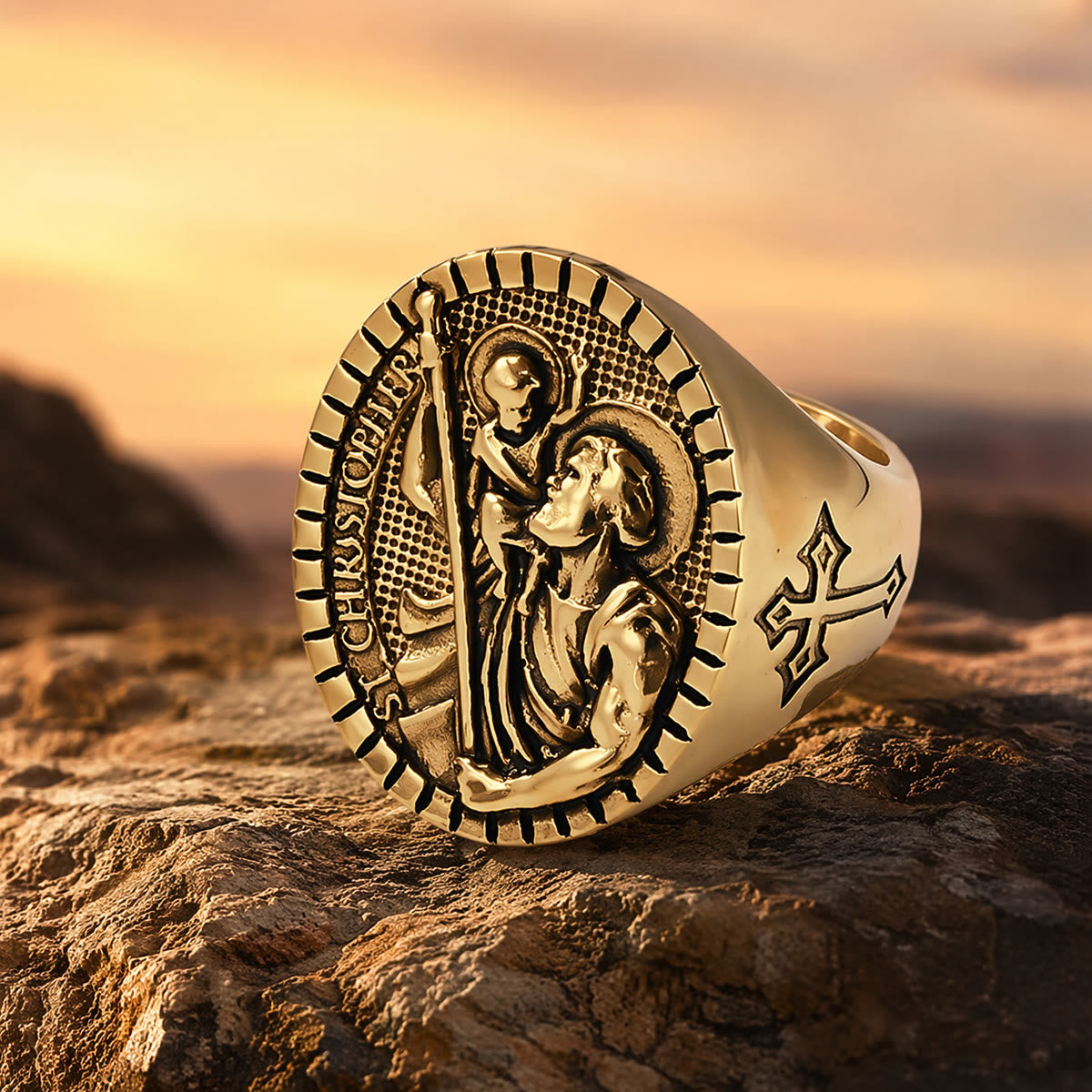 St. Christopher Round Ridged Border Signet Ring: Timeless Emblem of Unshakable Sacred Faith