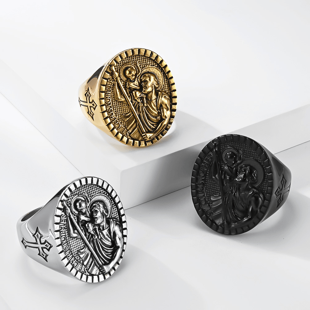 St. Christopher Round Ridged Border Signet Ring: Timeless Emblem of Unshakable Sacred Faith