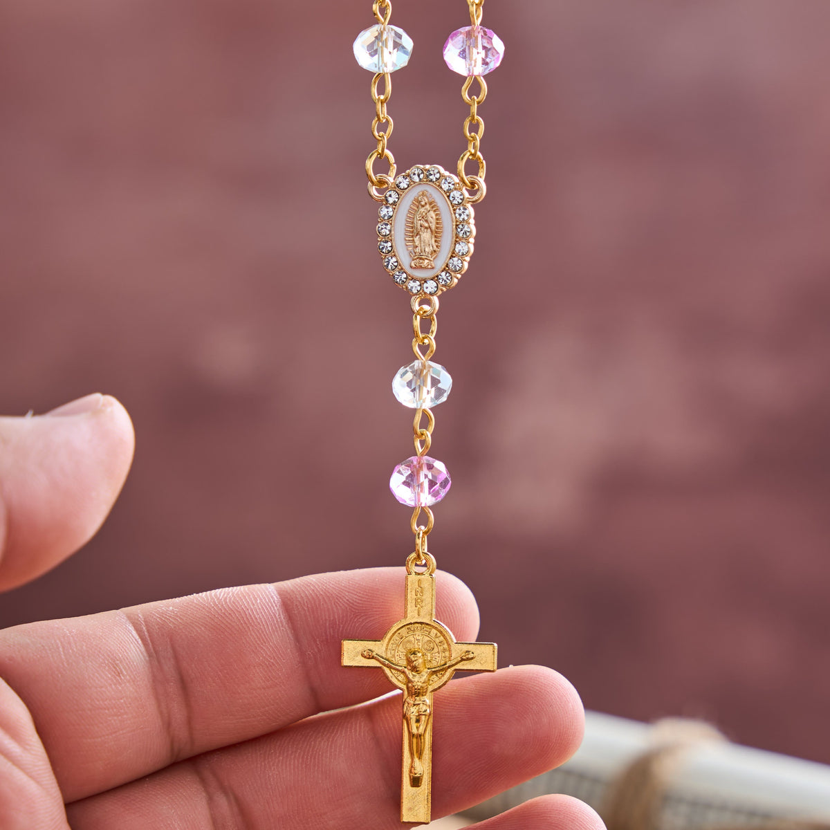 Oval Sacred Portrait Our Lady Multi-Tone Bead Crucifix Car Hanging Pendant: A Reminder of Merciful Divine Protection on Every Trip