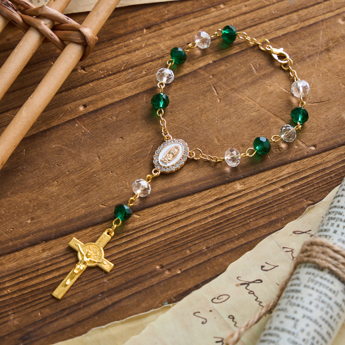 Oval Sacred Portrait Our Lady Multi-Tone Bead Crucifix Car Hanging Pendant: A Reminder of Merciful Divine Protection on Every Trip