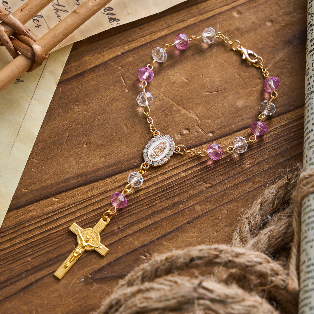 Oval Sacred Portrait Our Lady Multi-Tone Bead Crucifix Car Hanging Pendant: A Reminder of Merciful Divine Protection on Every Trip