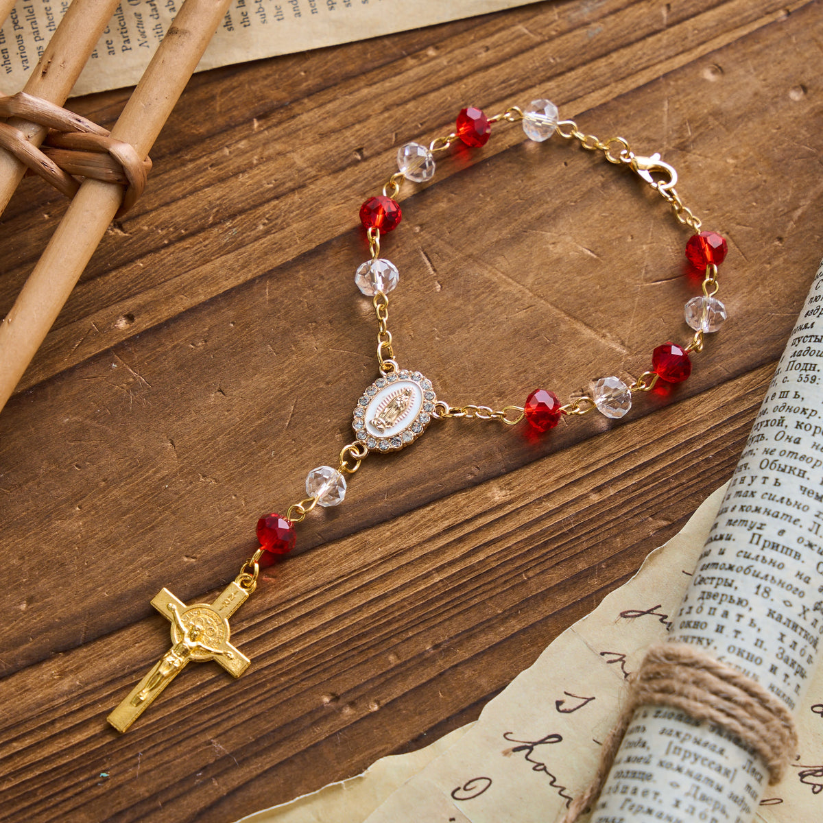 Oval Sacred Portrait Our Lady Multi-Tone Bead Crucifix Car Hanging Pendant: A Reminder of Merciful Divine Protection on Every Trip