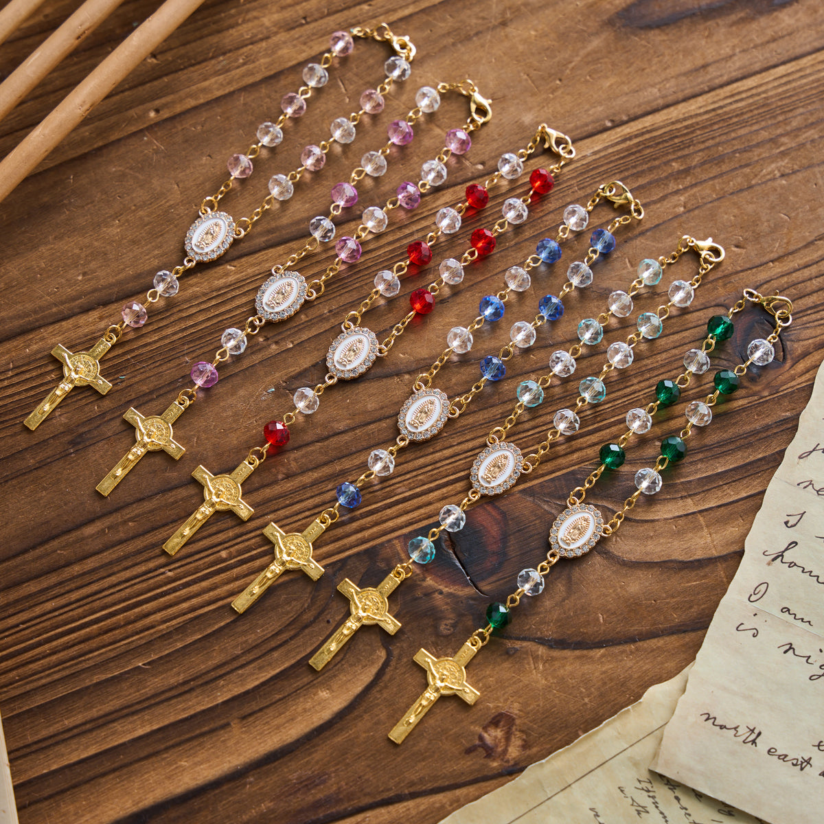 Oval Sacred Portrait Our Lady Multi-Tone Bead Crucifix Car Hanging Pendant: A Reminder of Merciful Divine Protection on Every Trip