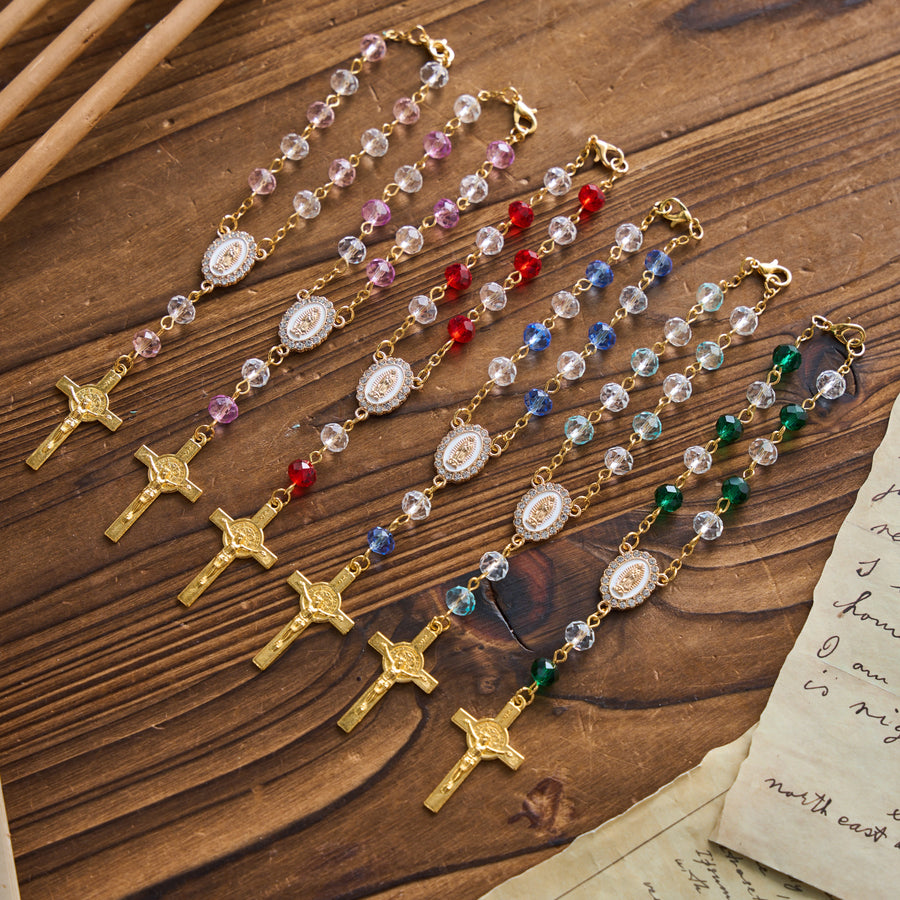 Oval Sacred Portrait Our Lady Multi-Tone Bead Crucifix Car Hanging Pendant: A Reminder of Merciful Divine Protection on Every Trip