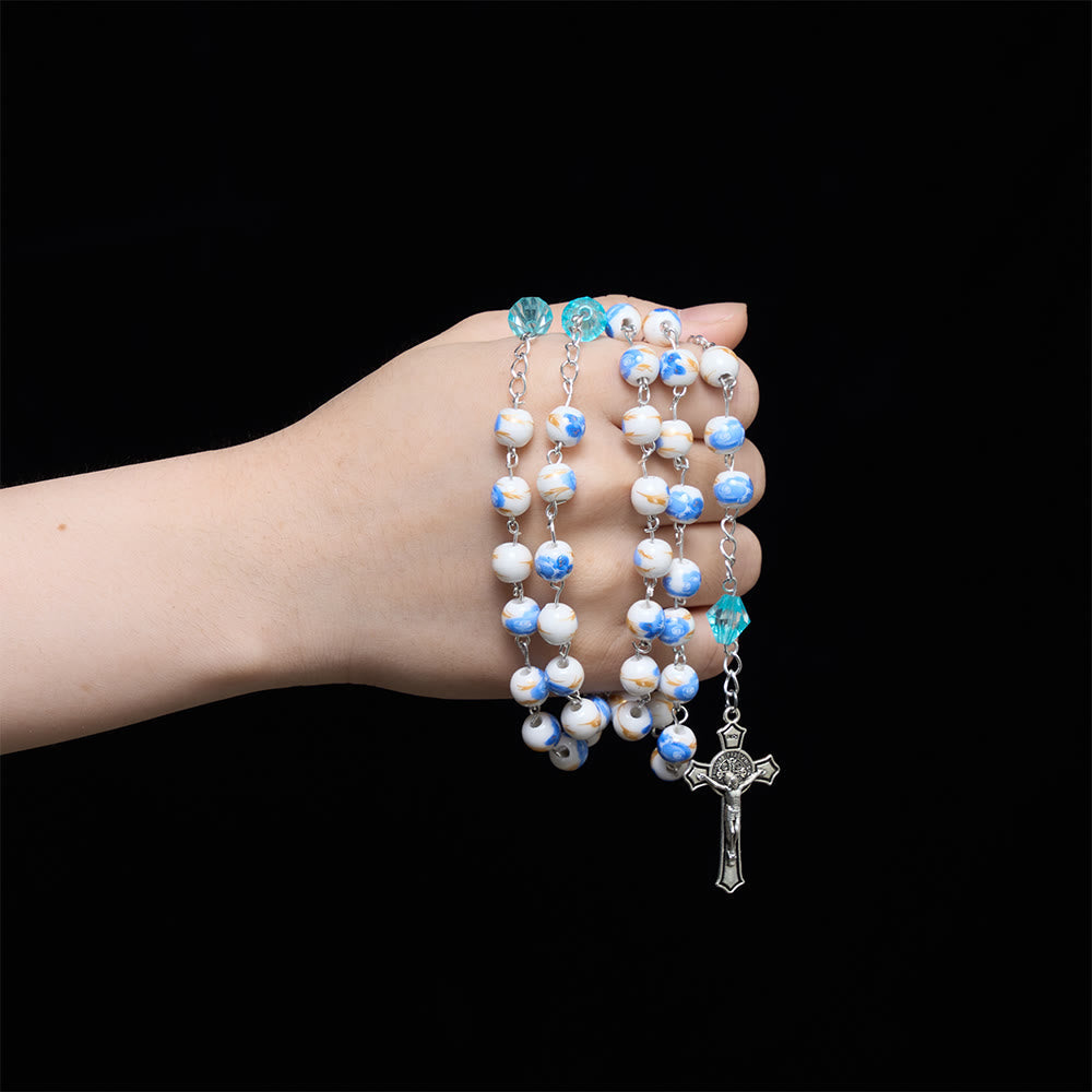 Soft Blue Floral Ceramic Bead Aqua Spacer Our Lady Crucifix Rosary