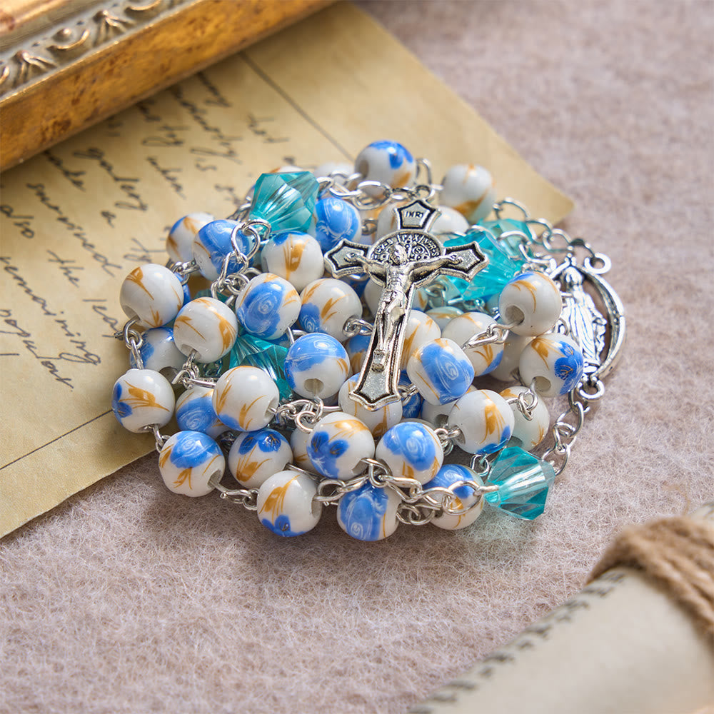 Soft Blue Floral Ceramic Bead Aqua Spacer Our Lady Crucifix Rosary