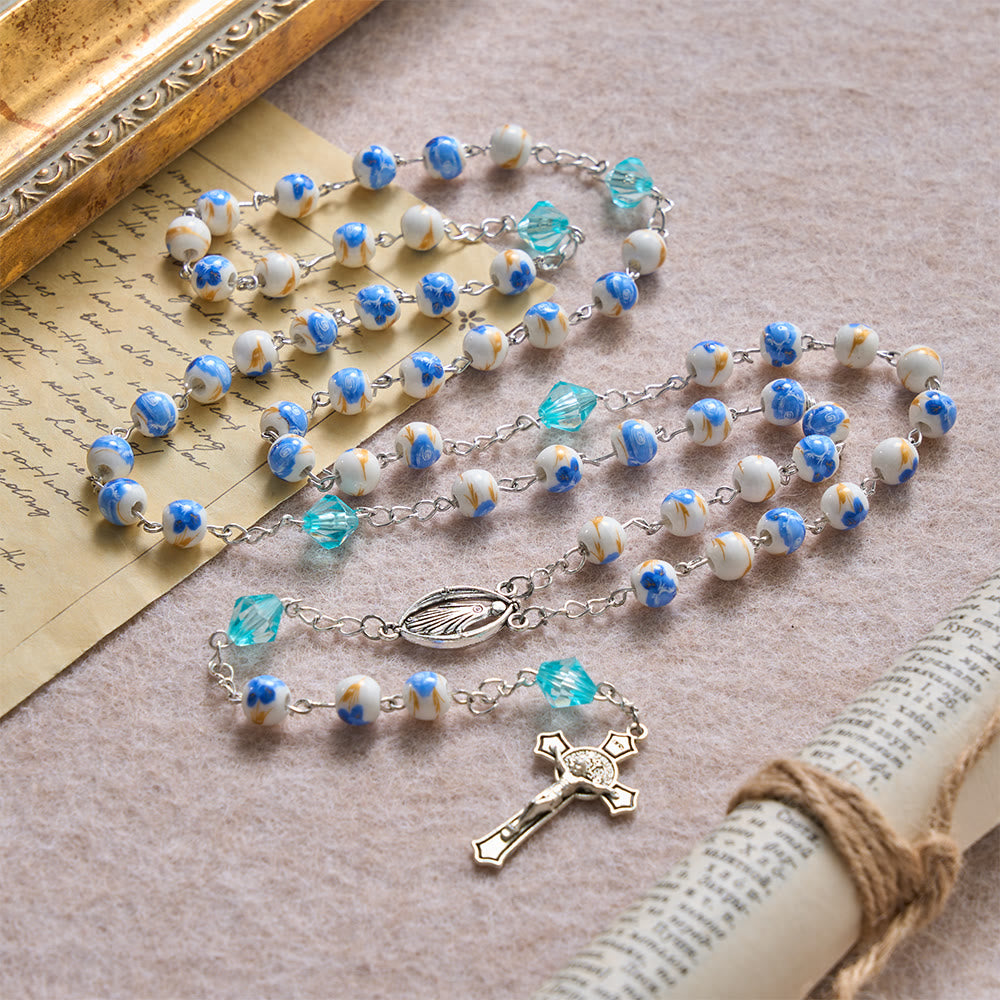 Soft Blue Floral Ceramic Bead Aqua Spacer Our Lady Crucifix Rosary